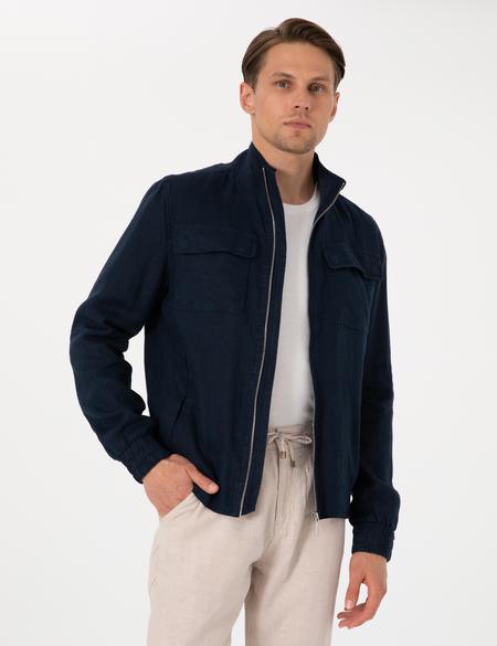 Lacivert Hakim Yaka Keten Mevsimlik Mont - 50302495030