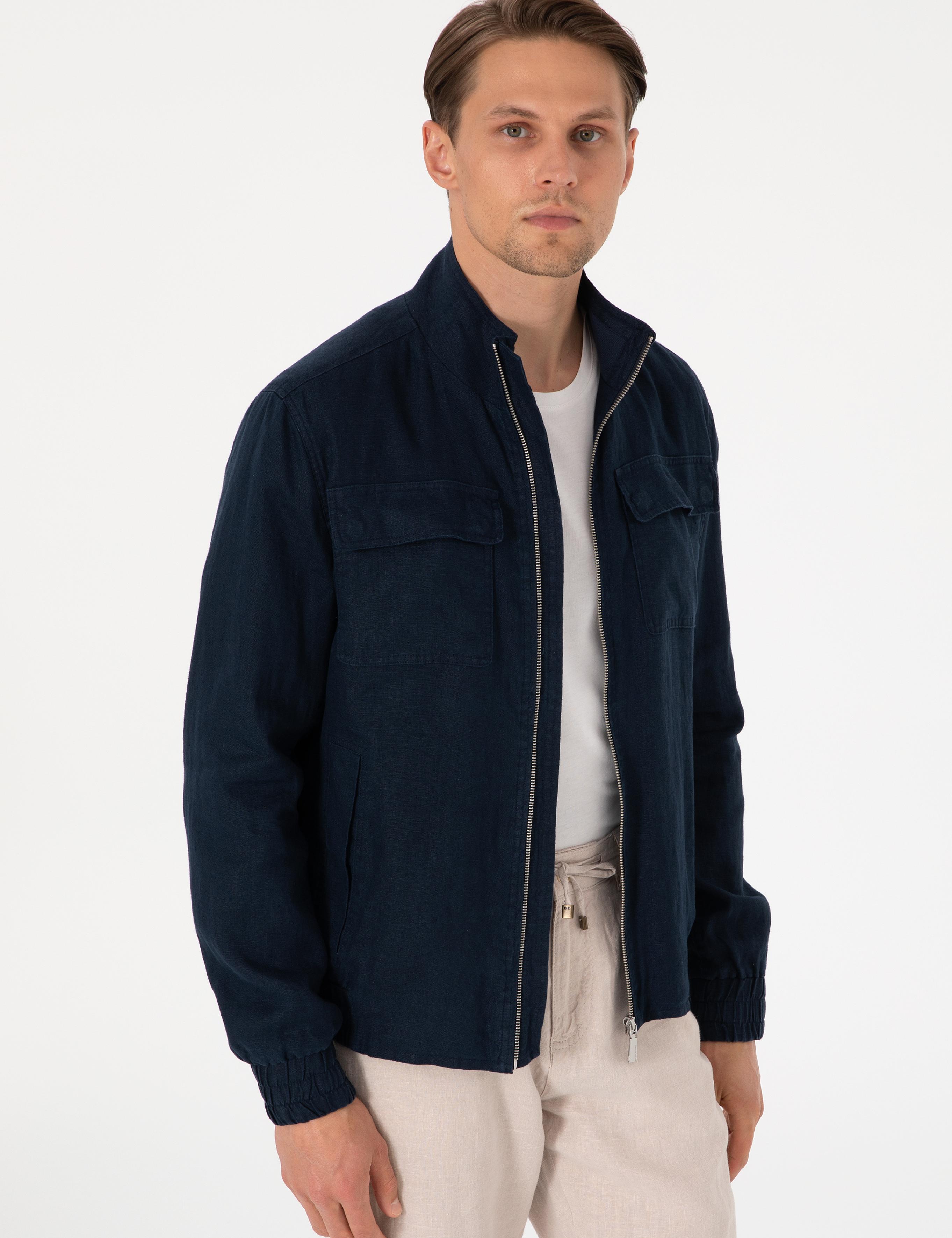 Lacivert Hakim Yaka Keten Mevsimlik Mont