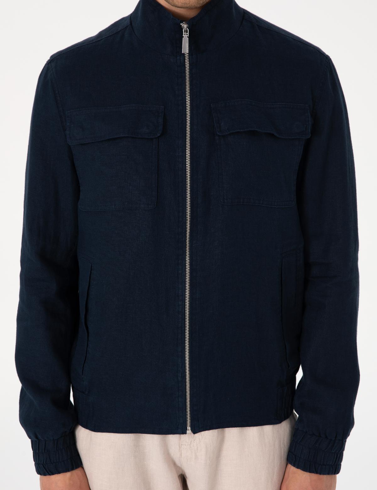 Lacivert Hakim Yaka Keten Mevsimlik Mont - 50302495030