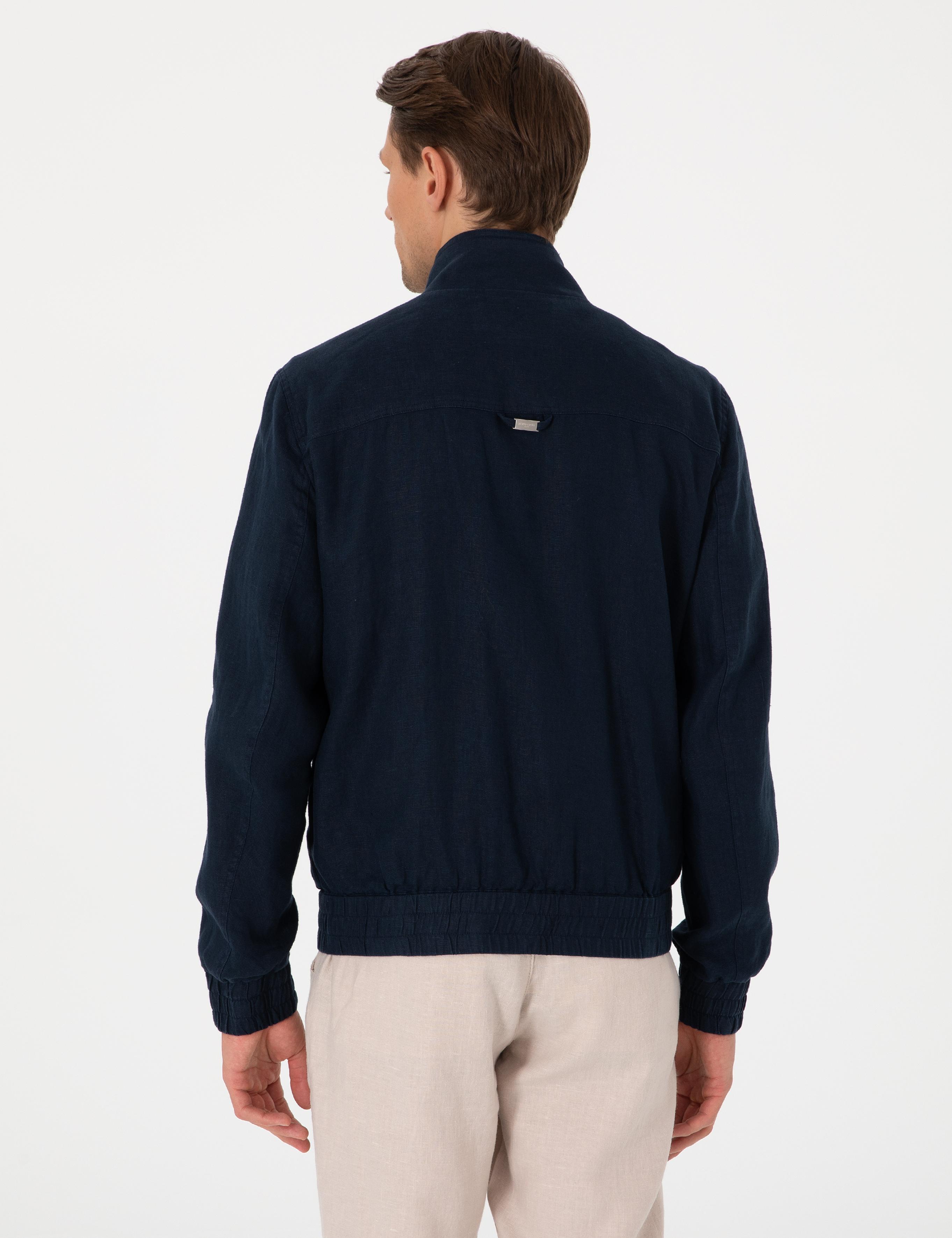 Lacivert Hakim Yaka Keten Mevsimlik Mont