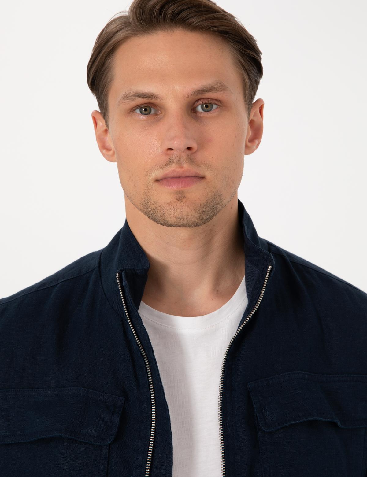 Lacivert Hakim Yaka Keten Mevsimlik Mont - 50302495030