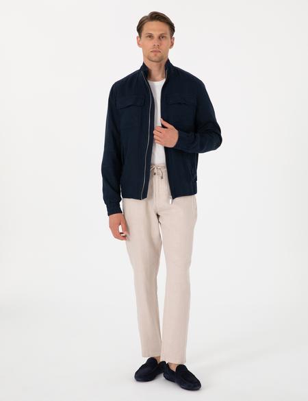 Lacivert Hakim Yaka Keten Mevsimlik Mont - 50302495030