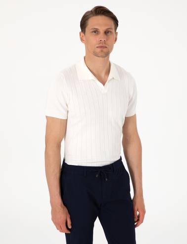 Ekru Slim Fit %100 Pamuk Polo Yaka Triko Tişört