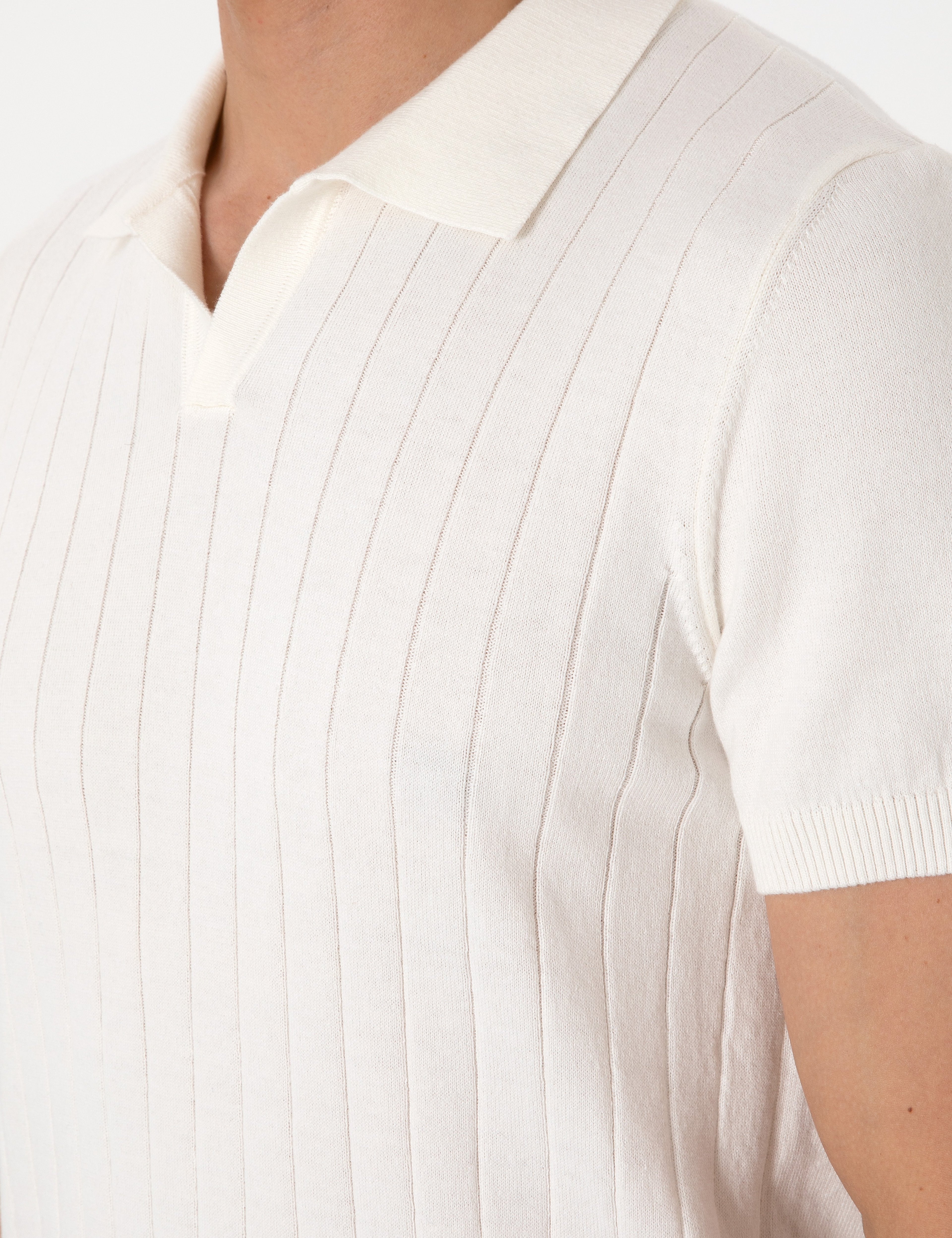 Ekru Slim Fit %100 Pamuk Polo Yaka Triko Tişört - Image 7