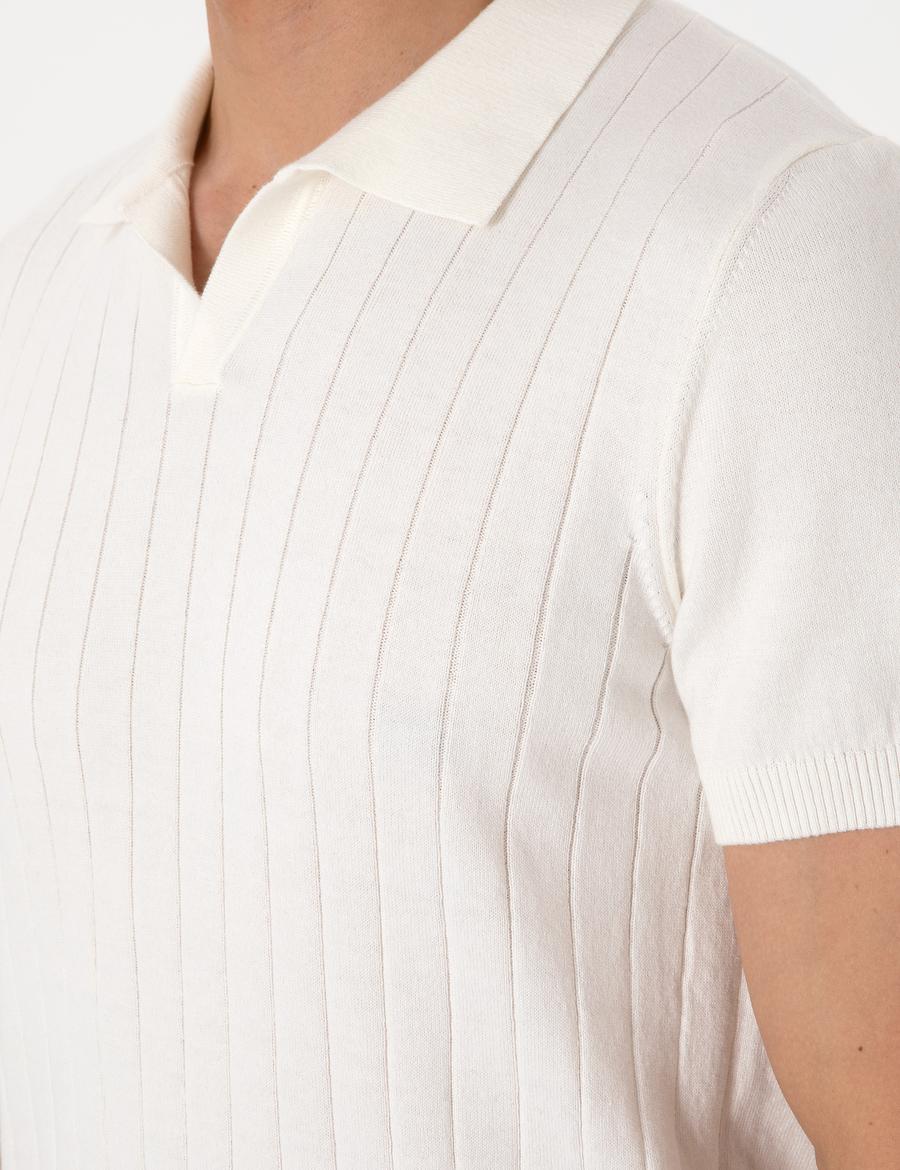 Ekru Slim Fit %100 Pamuk Polo Yaka Triko Tişört