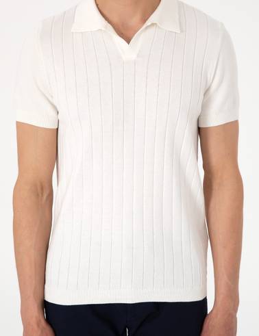 Ekru Slim Fit %100 Pamuk Polo Yaka Triko Tişört