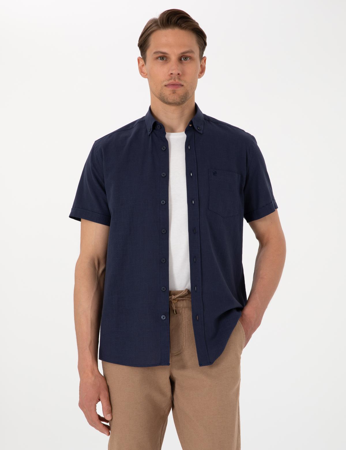 Koyu Lacivert Keten Görünümlü Regular Fit Kısa Kollu Cepli Gömlek
