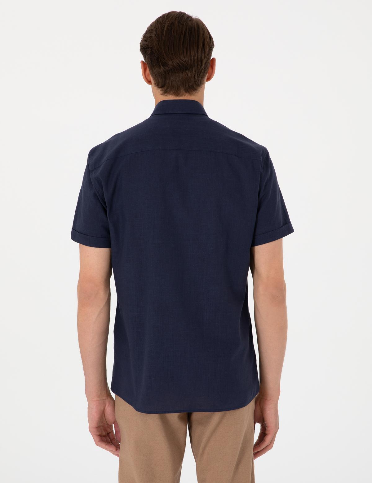 Koyu Lacivert Keten Görünümlü Regular Fit Kısa Kollu Cepli Gömlek - 50306950056