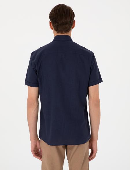 Koyu Lacivert Keten Görünümlü Regular Fit Kısa Kollu Cepli Gömlek - 50306950056