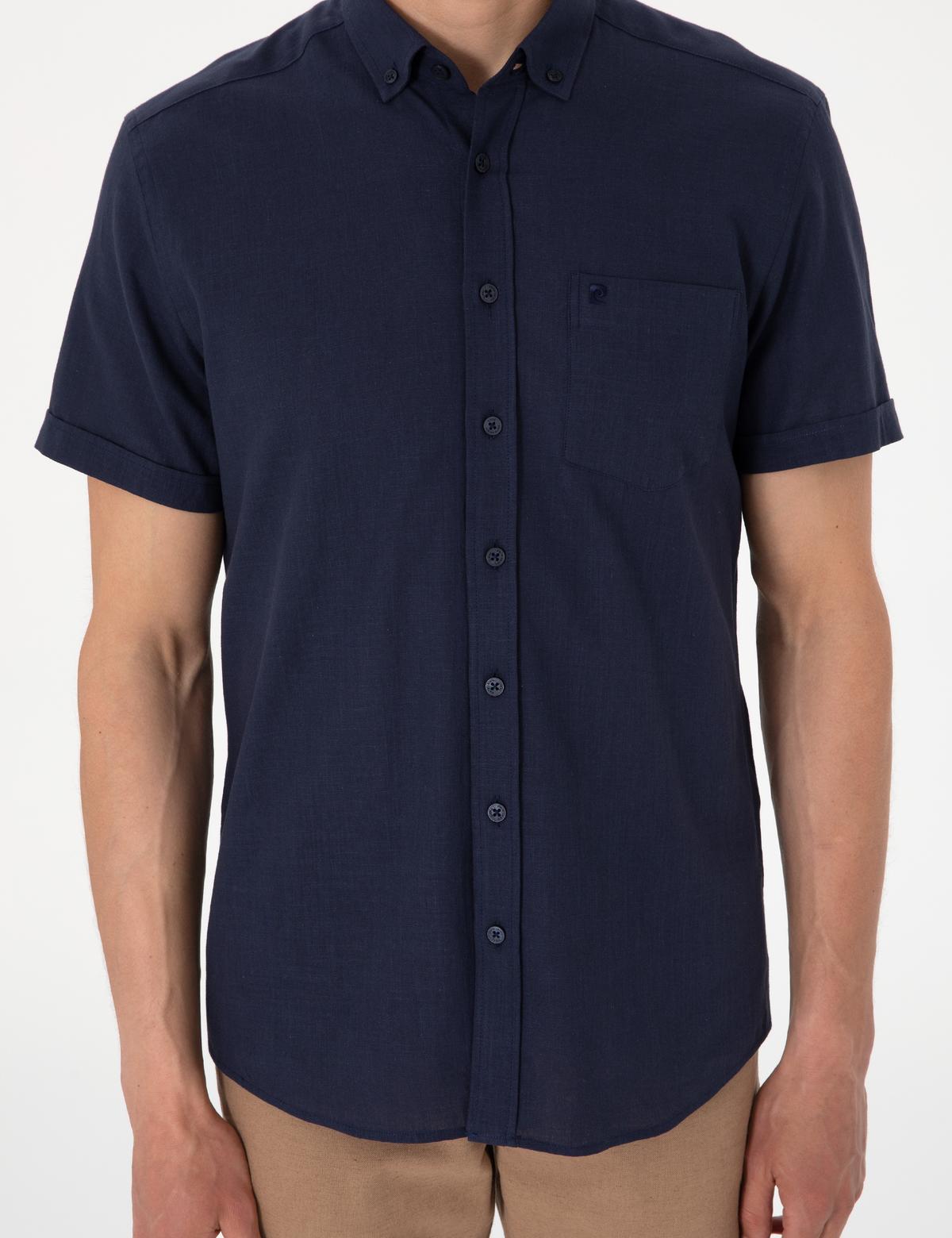 Koyu Lacivert Keten Görünümlü Regular Fit Kısa Kollu Cepli Gömlek - 50306950056