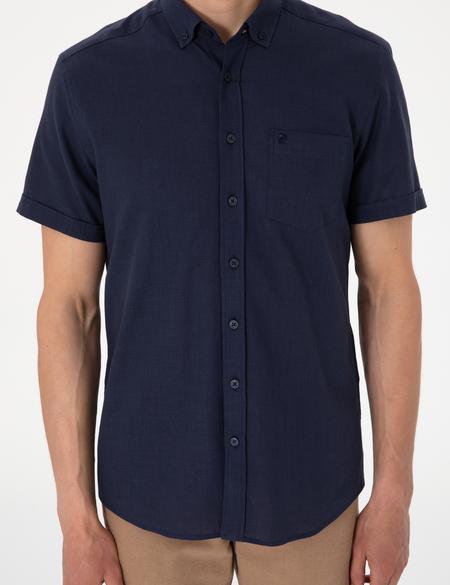 Koyu Lacivert Keten Görünümlü Regular Fit Kısa Kollu Cepli Gömlek - 50306950056