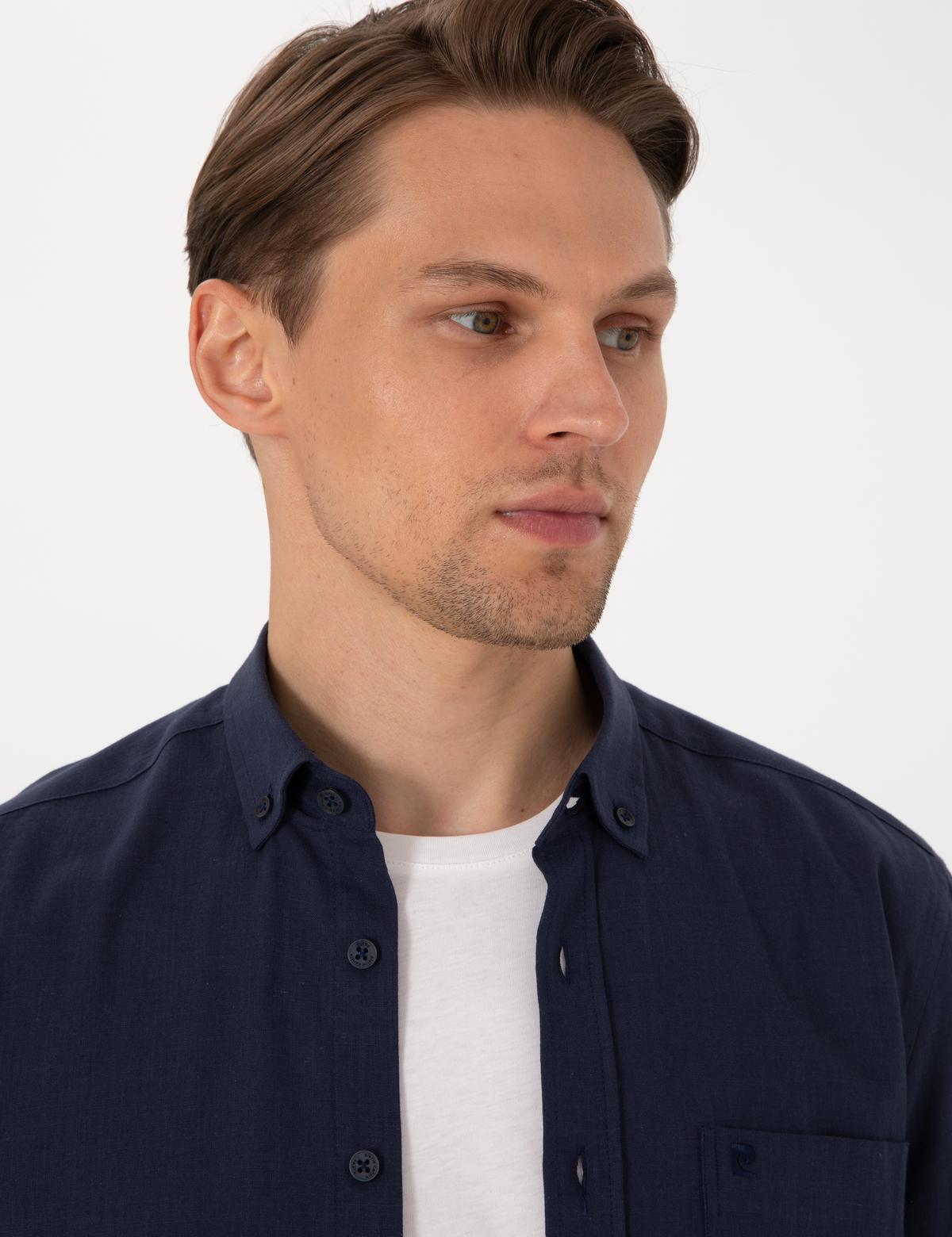 Koyu Lacivert Keten Görünümlü Regular Fit Kısa Kollu Cepli Gömlek - 50306950056