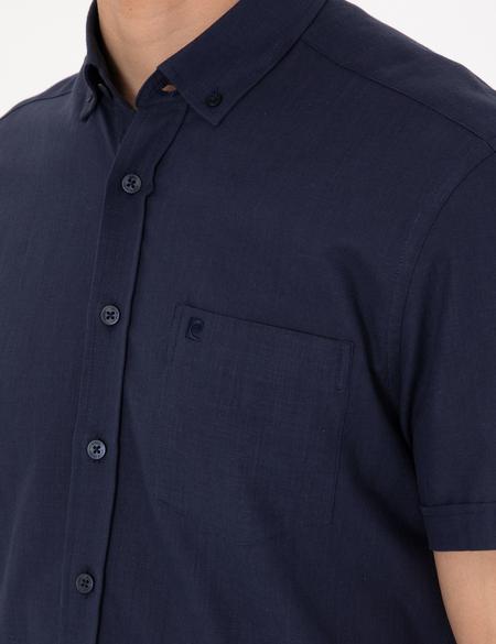 Koyu Lacivert Keten Görünümlü Regular Fit Kısa Kollu Cepli Gömlek - 50306950056