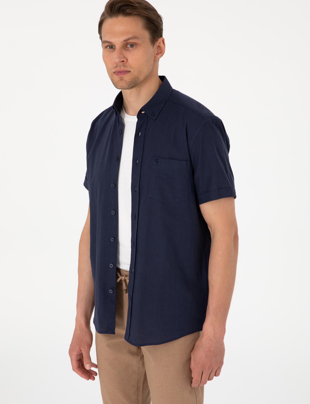 Koyu Lacivert Keten Görünümlü Regular Fit Kısa Kollu Cepli Gömlek - 50306950056