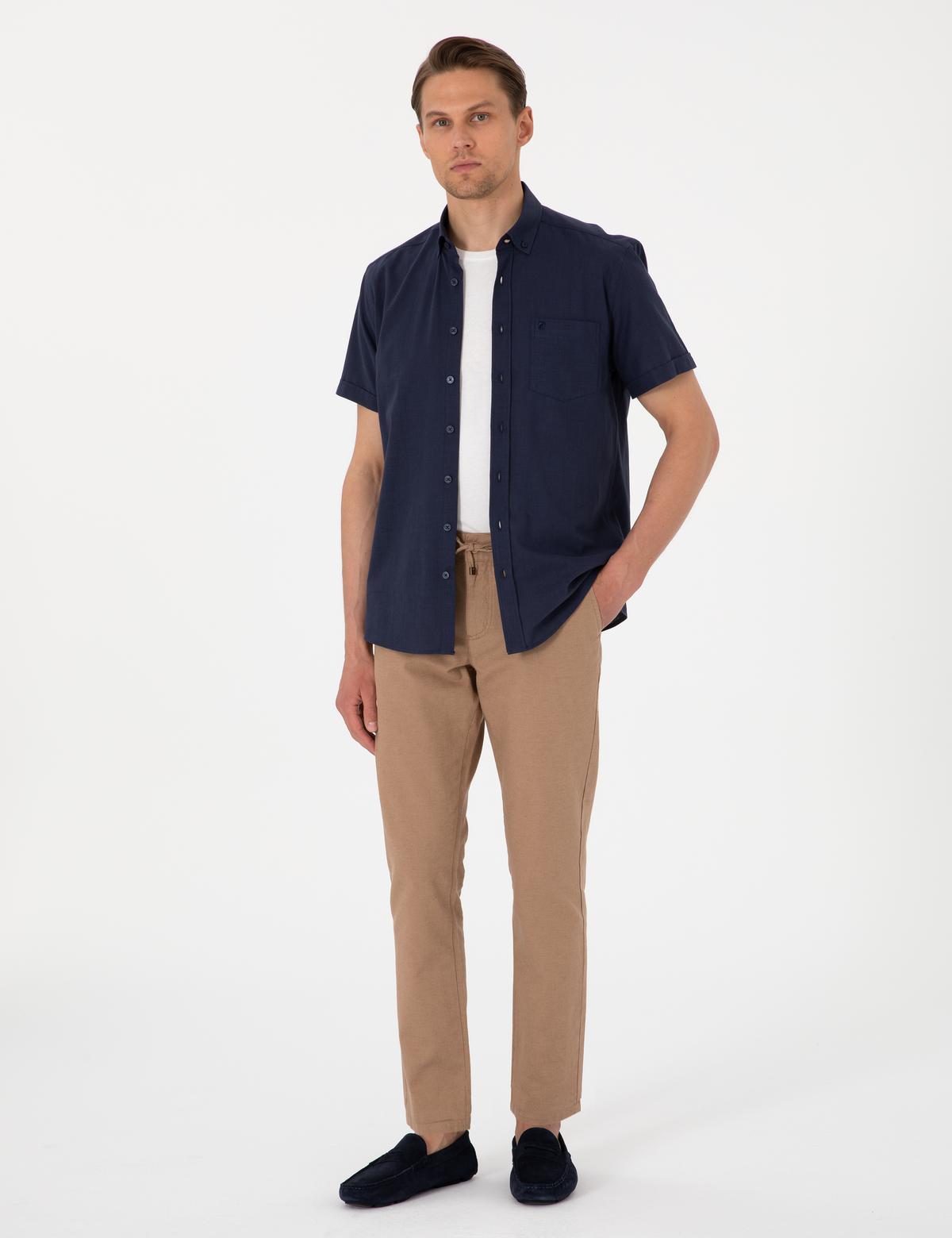 Koyu Lacivert Keten Görünümlü Regular Fit Kısa Kollu Cepli Gömlek - 50306950056