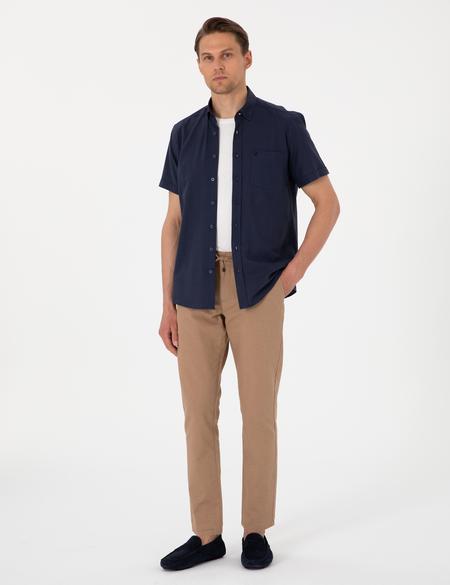 Koyu Lacivert Keten Görünümlü Regular Fit Kısa Kollu Cepli Gömlek - 50306950056