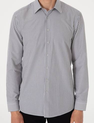 Siyah Slim Fit Çizgili Uzun Kollu Gömlek