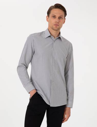 Siyah Slim Fit Çizgili Uzun Kollu Gömlek