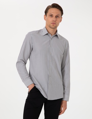 Siyah Slim Fit Çizgili Uzun Kollu Gömlek