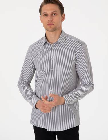 Siyah Slim Fit Çizgili Uzun Kollu Gömlek