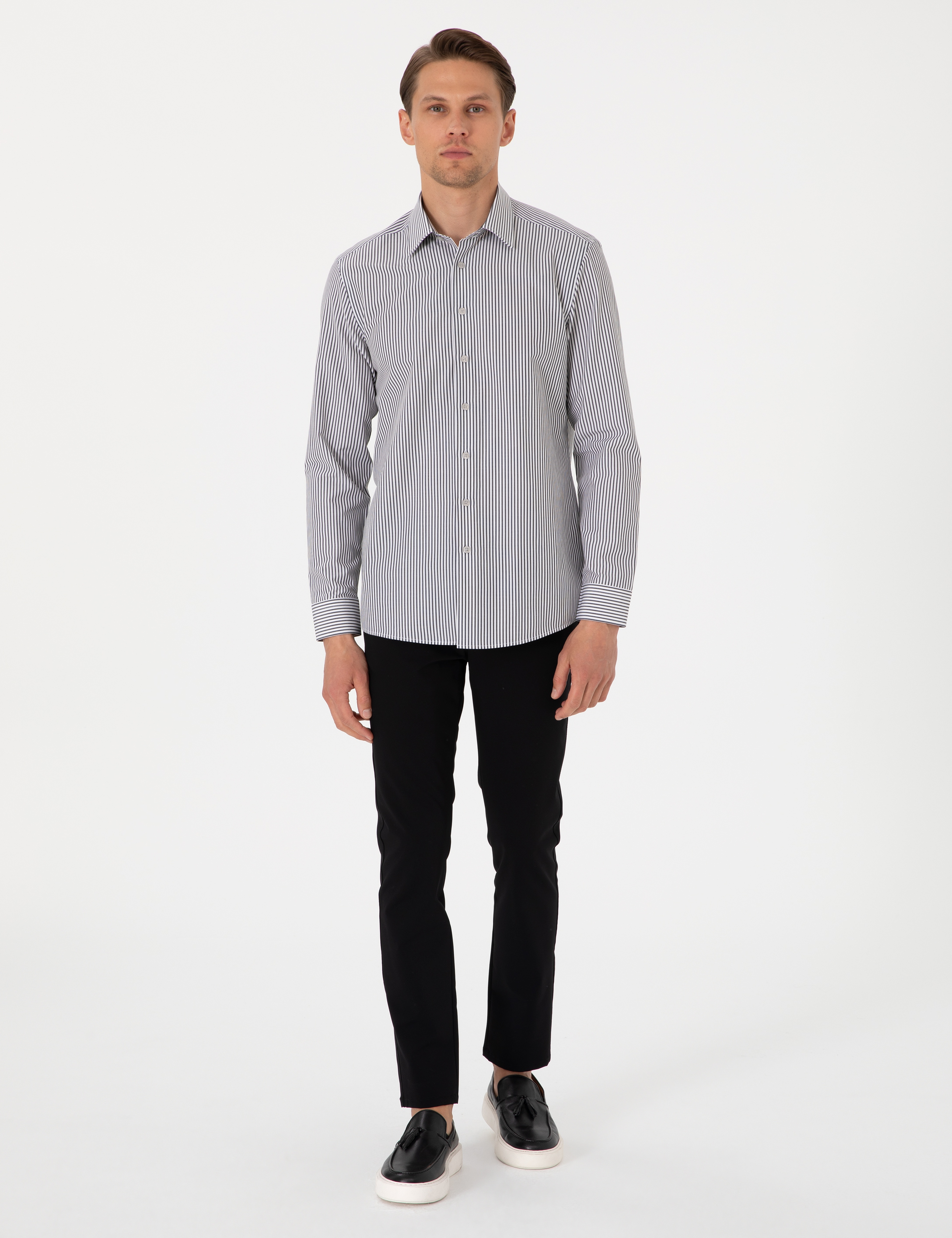 Siyah Slim Fit Çizgili Uzun Kollu Gömlek