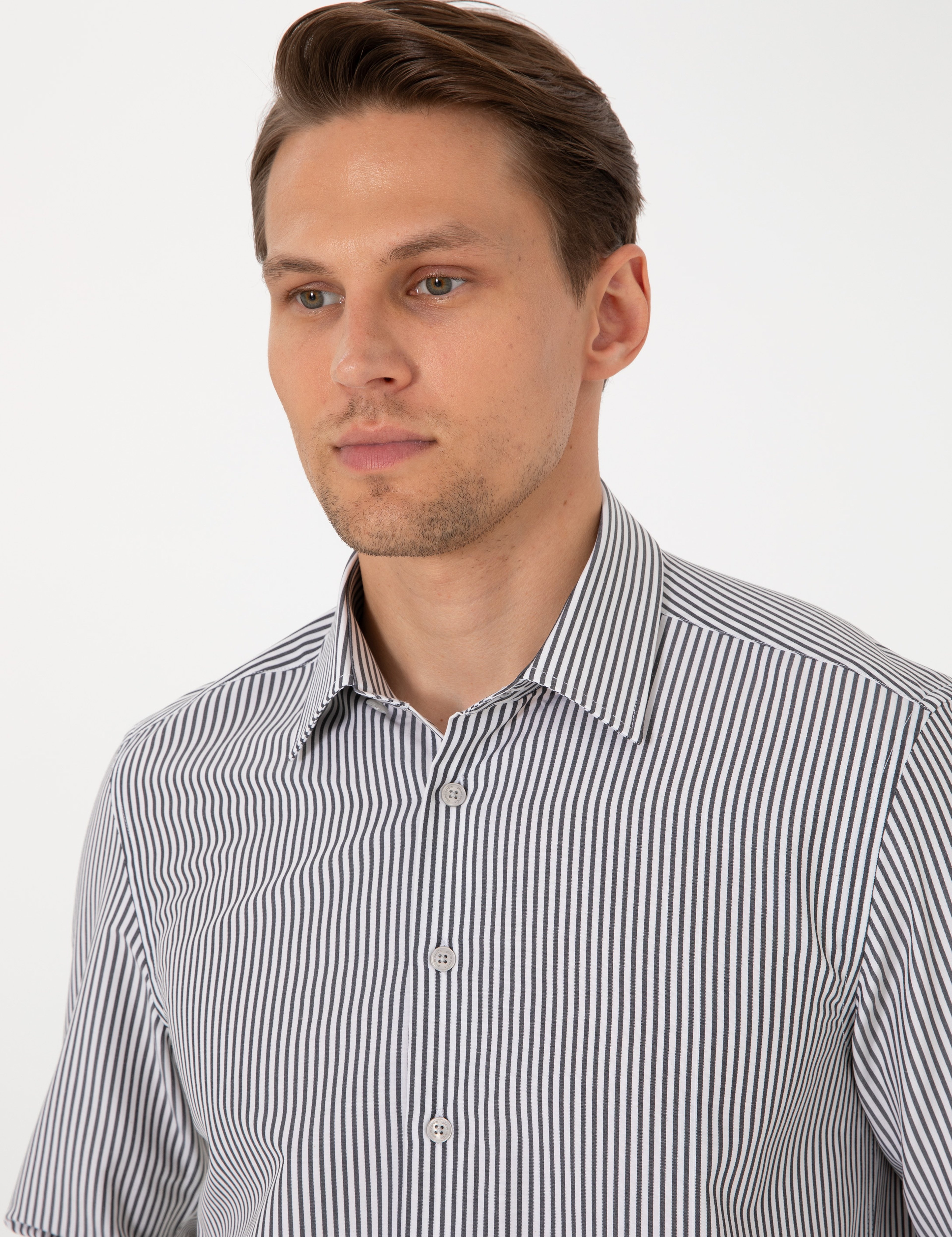 Siyah Slim Fit Çizgili Uzun Kollu Gömlek - Image 2