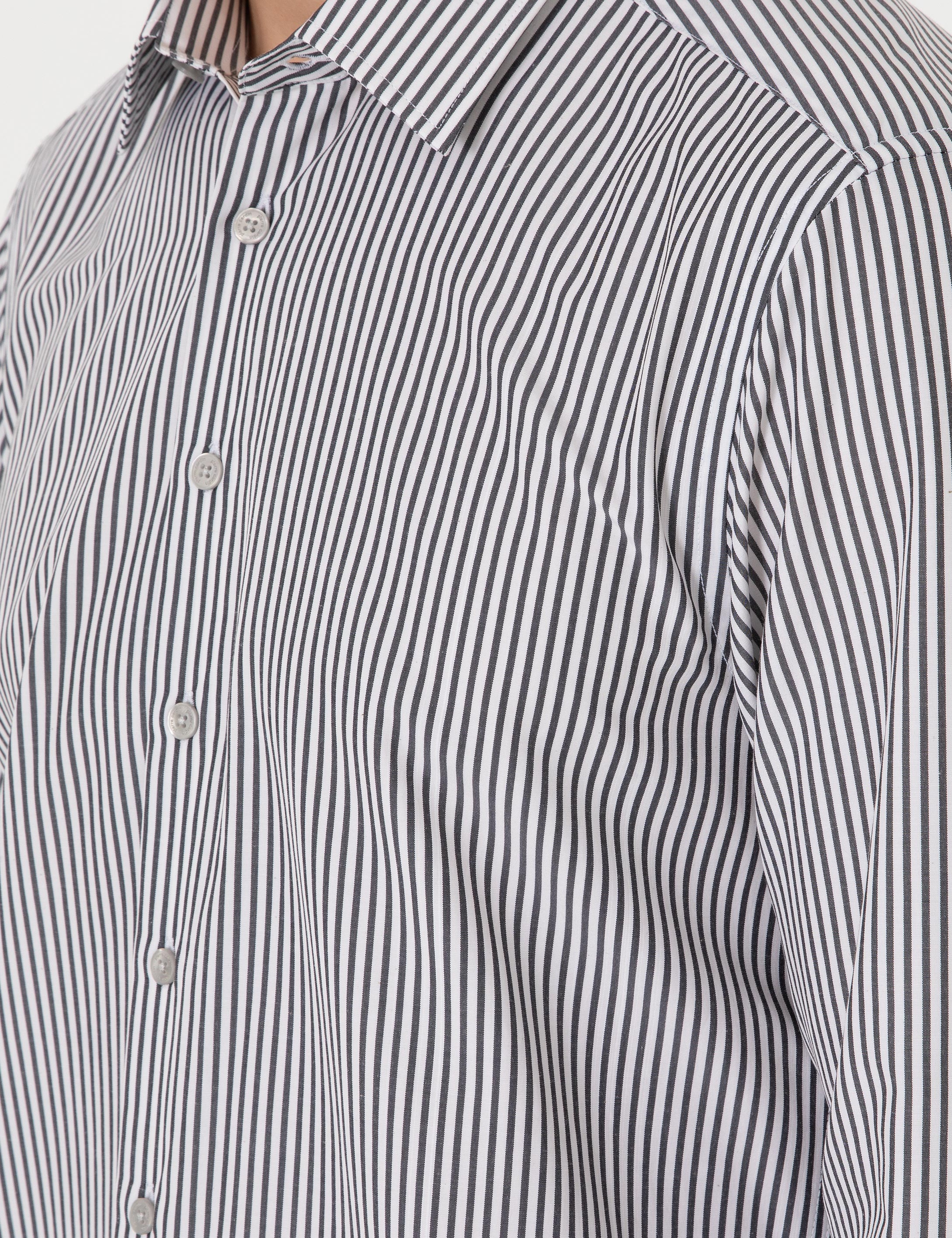 Siyah Slim Fit Çizgili Uzun Kollu Gömlek - Image 7