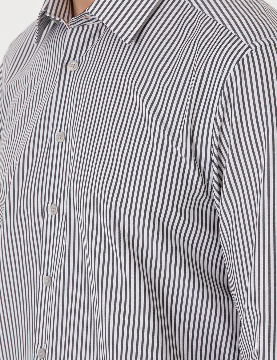 Siyah Slim Fit Çizgili Uzun Kollu Gömlek