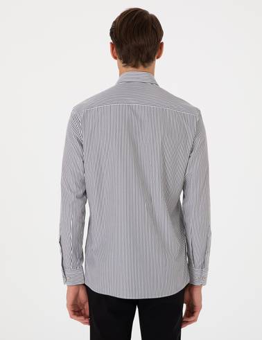 Siyah Slim Fit Çizgili Uzun Kollu Gömlek