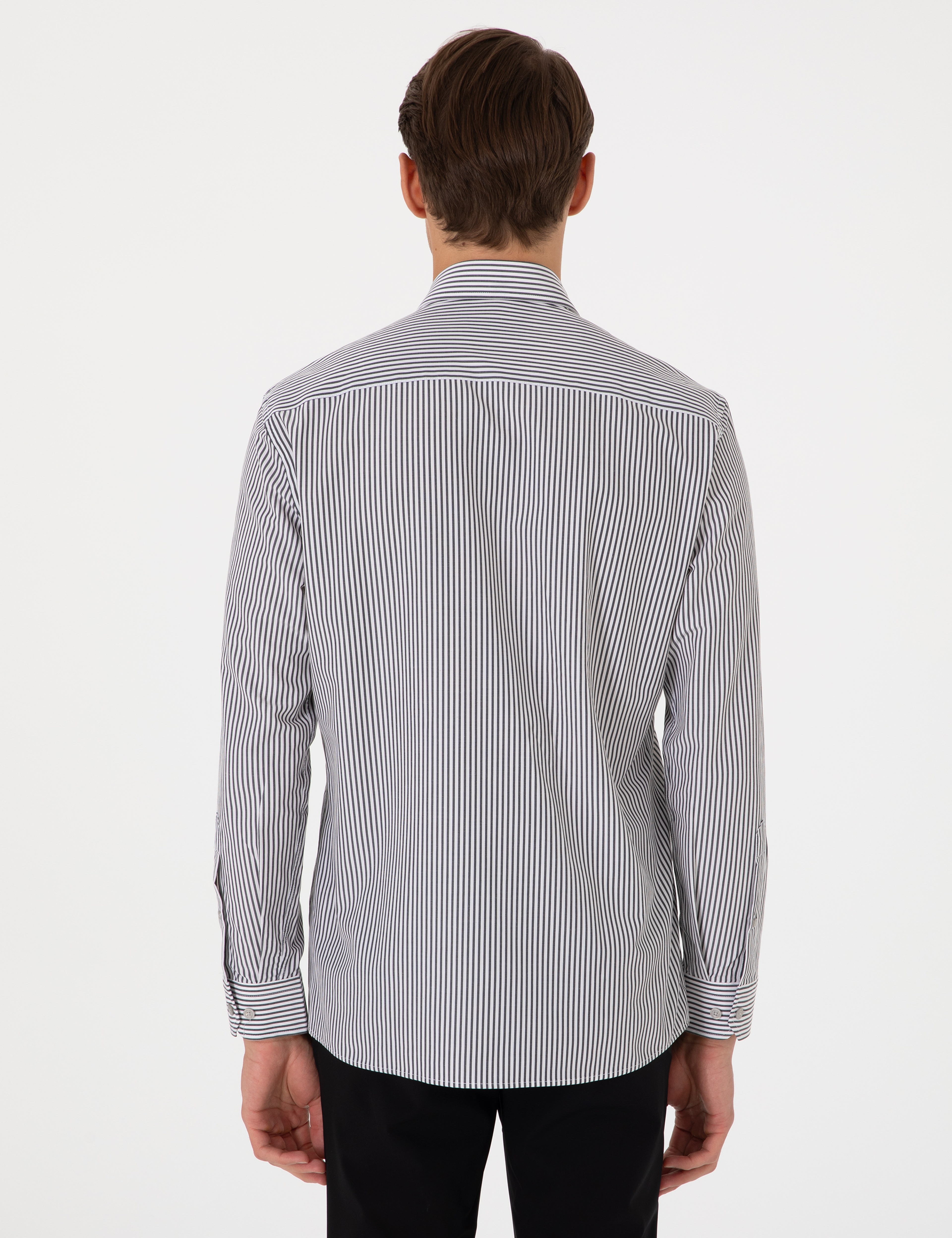 Siyah Slim Fit Çizgili Uzun Kollu Gömlek