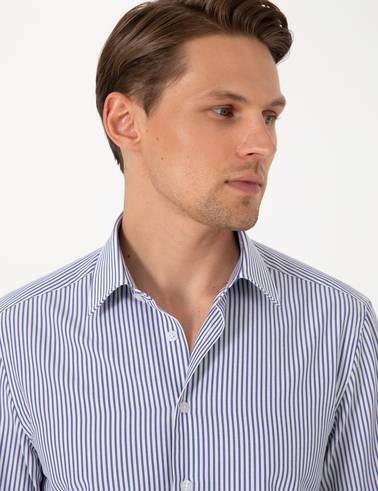 Mavi Slim Fit Çizgili Uzun Kollu Gömlek
