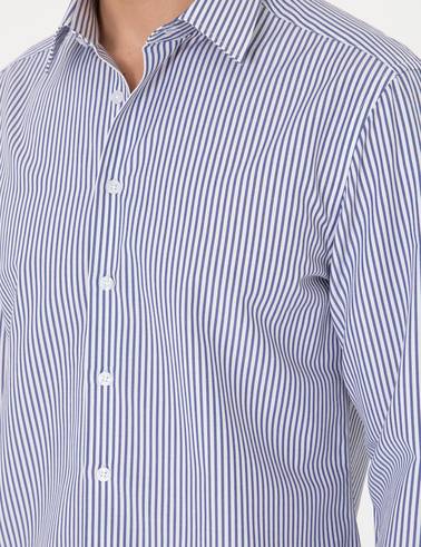 Mavi Slim Fit Çizgili Uzun Kollu Gömlek