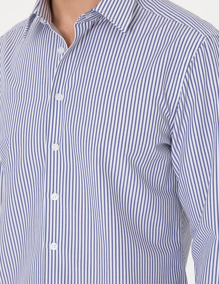 Mavi Slim Fit Çizgili Uzun Kollu Gömlek