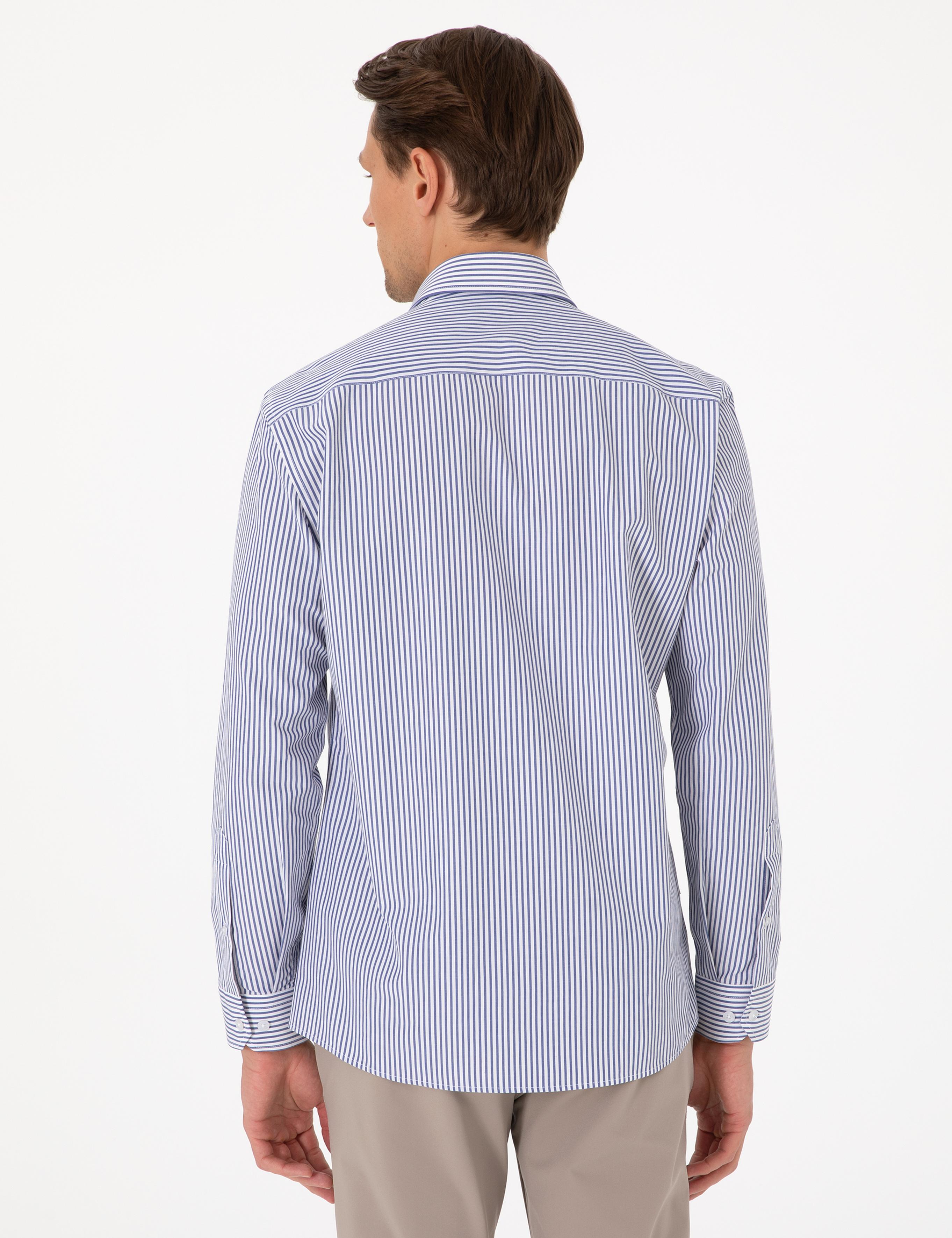 Mavi Slim Fit Çizgili Uzun Kollu Gömlek