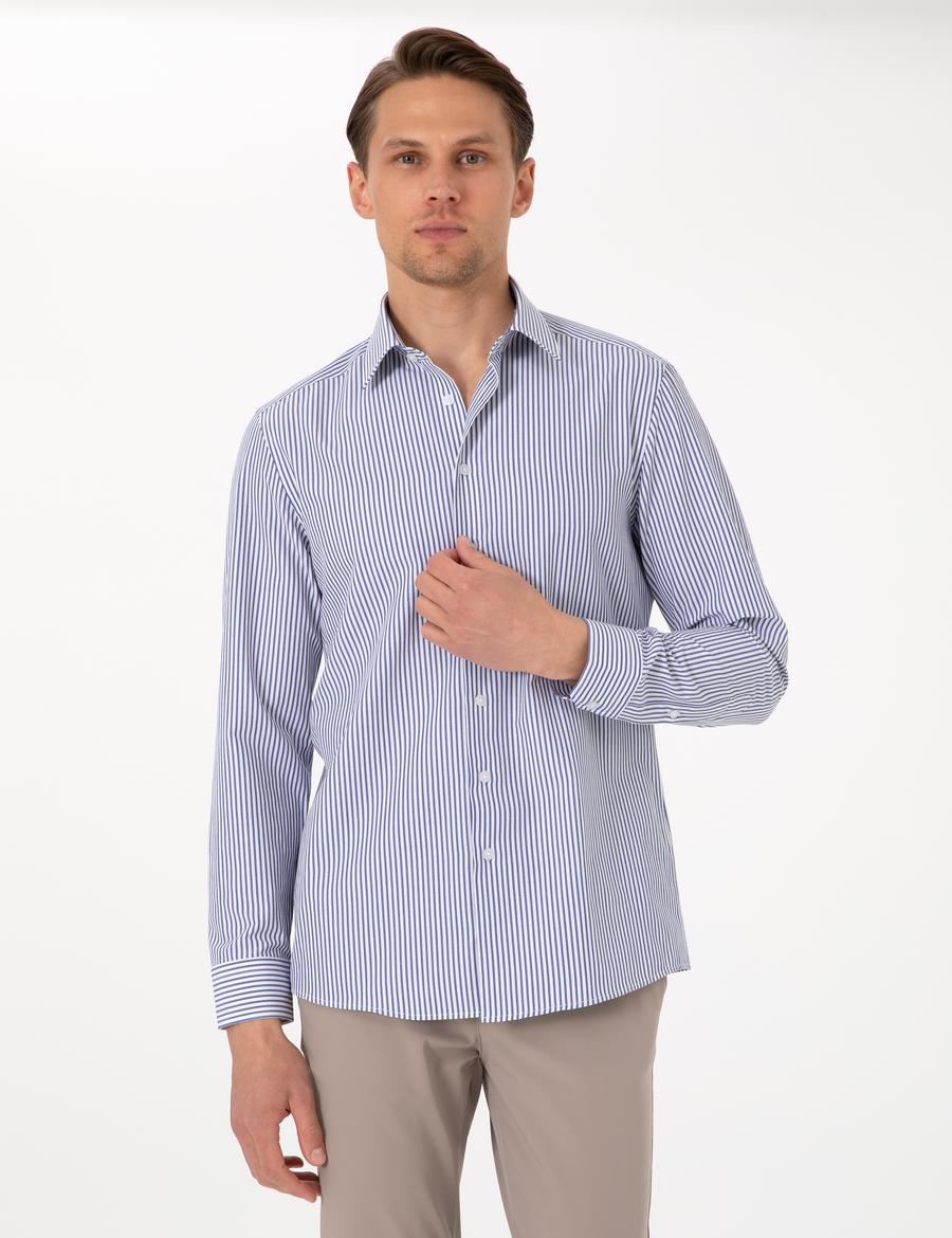 Mavi Slim Fit Çizgili Uzun Kollu Gömlek