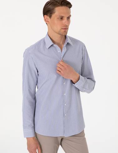 Mavi Slim Fit Çizgili Uzun Kollu Gömlek