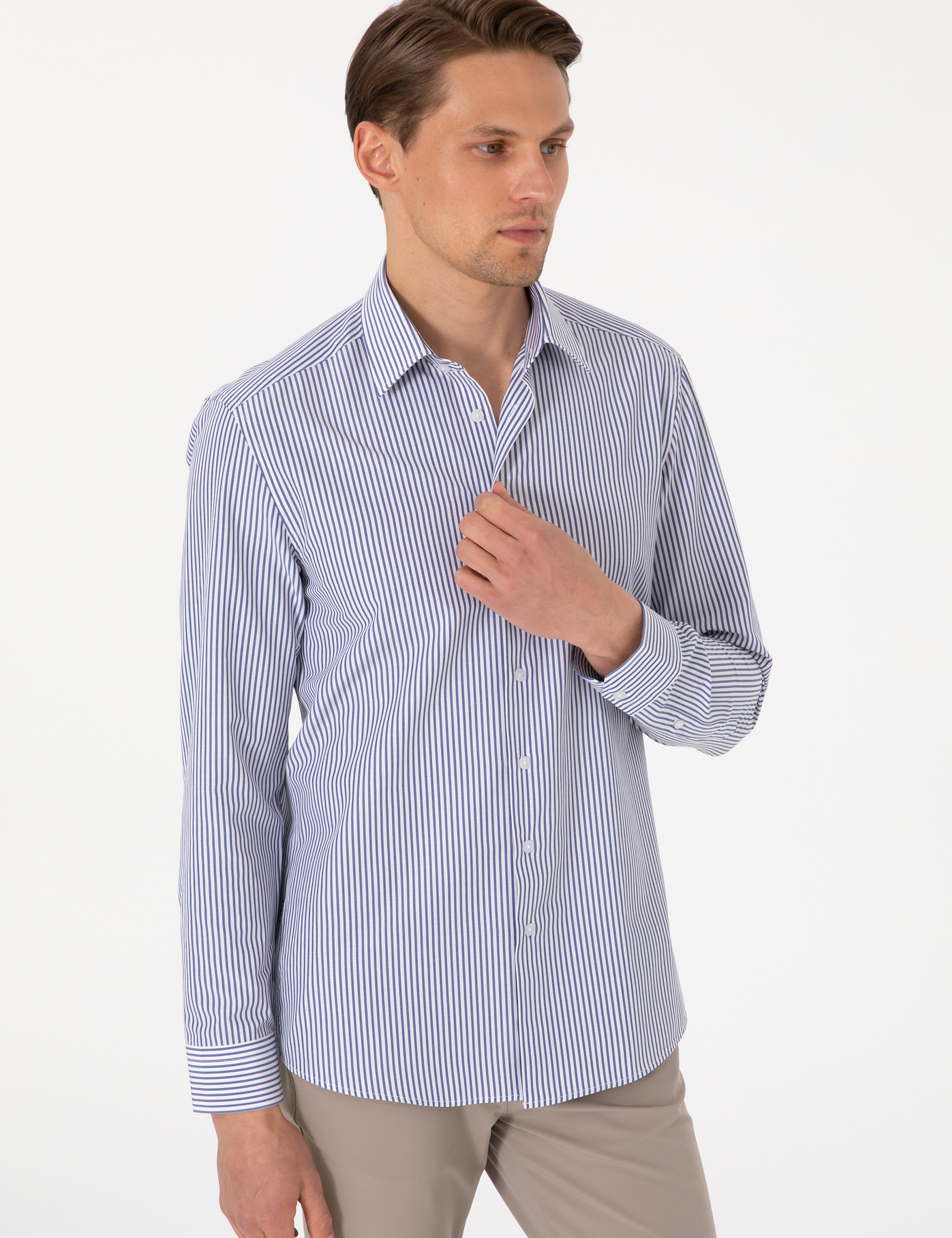 Mavi Slim Fit Çizgili Uzun Kollu Gömlek