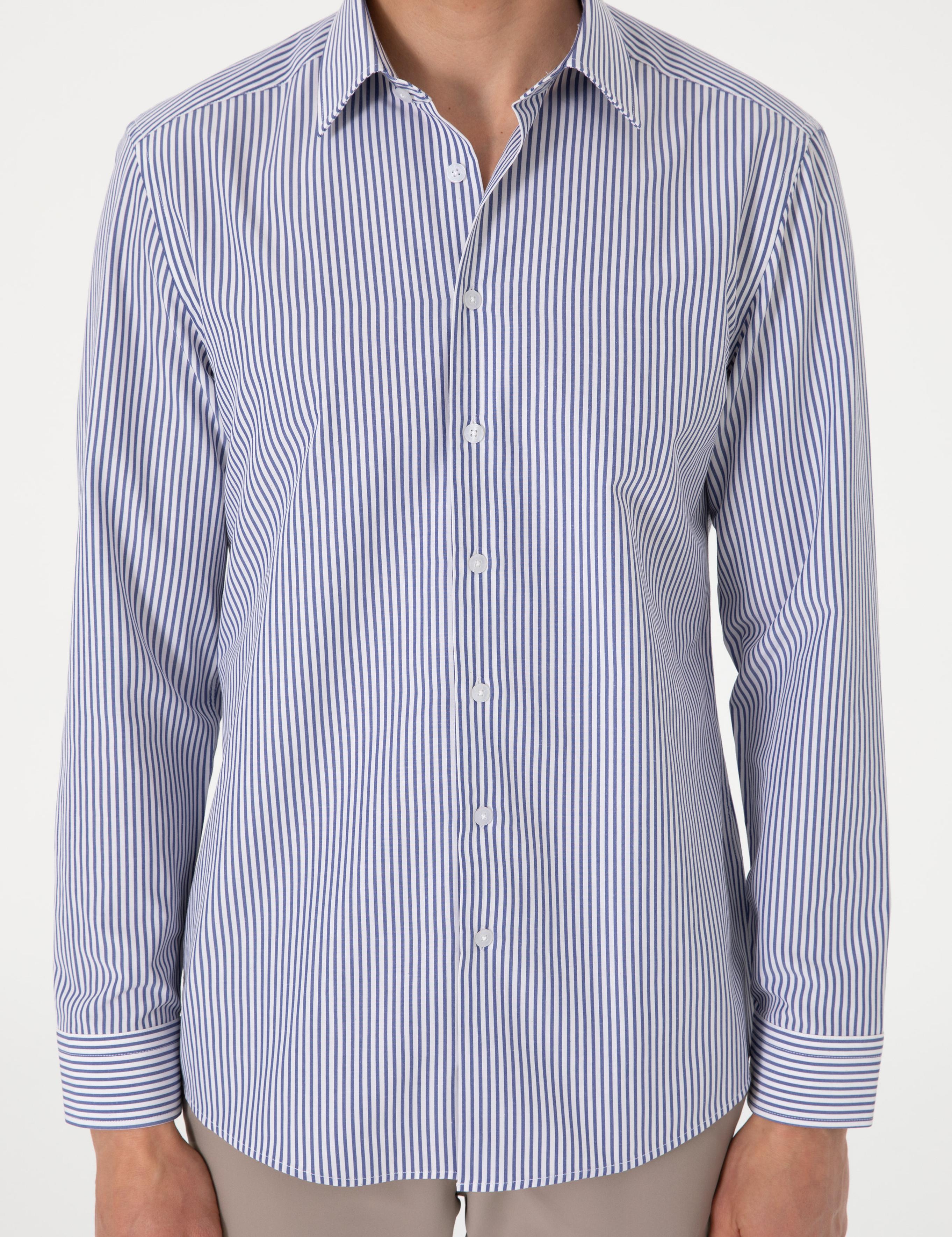 Mavi Slim Fit Çizgili Uzun Kollu Gömlek