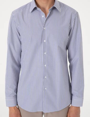 Mavi Slim Fit Çizgili Uzun Kollu Gömlek