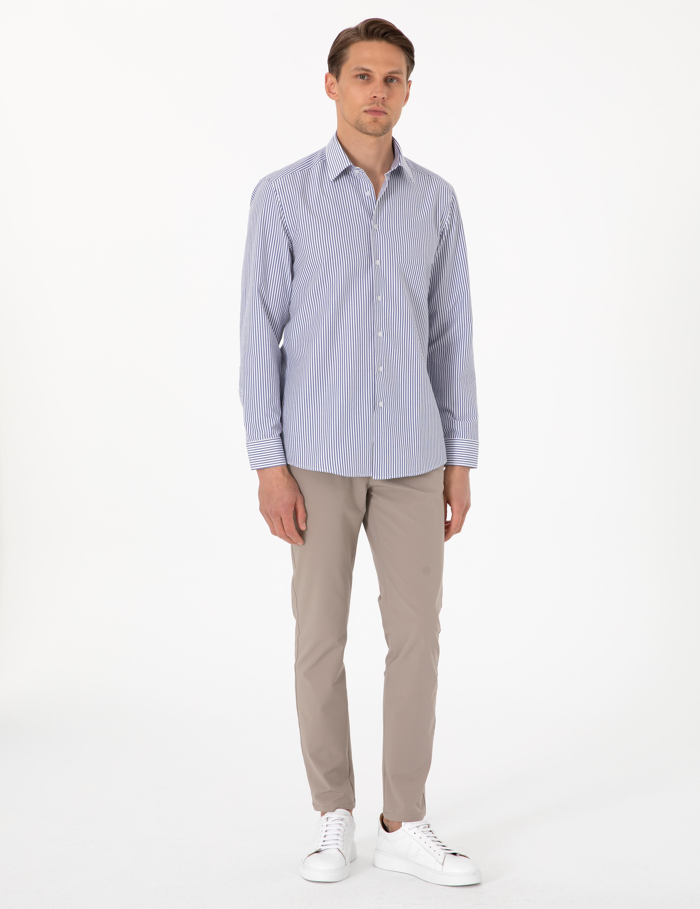 Mavi Slim Fit Çizgili Uzun Kollu Gömlek