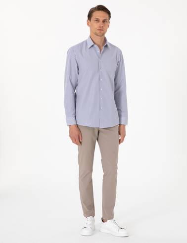 Mavi Slim Fit Çizgili Uzun Kollu Gömlek