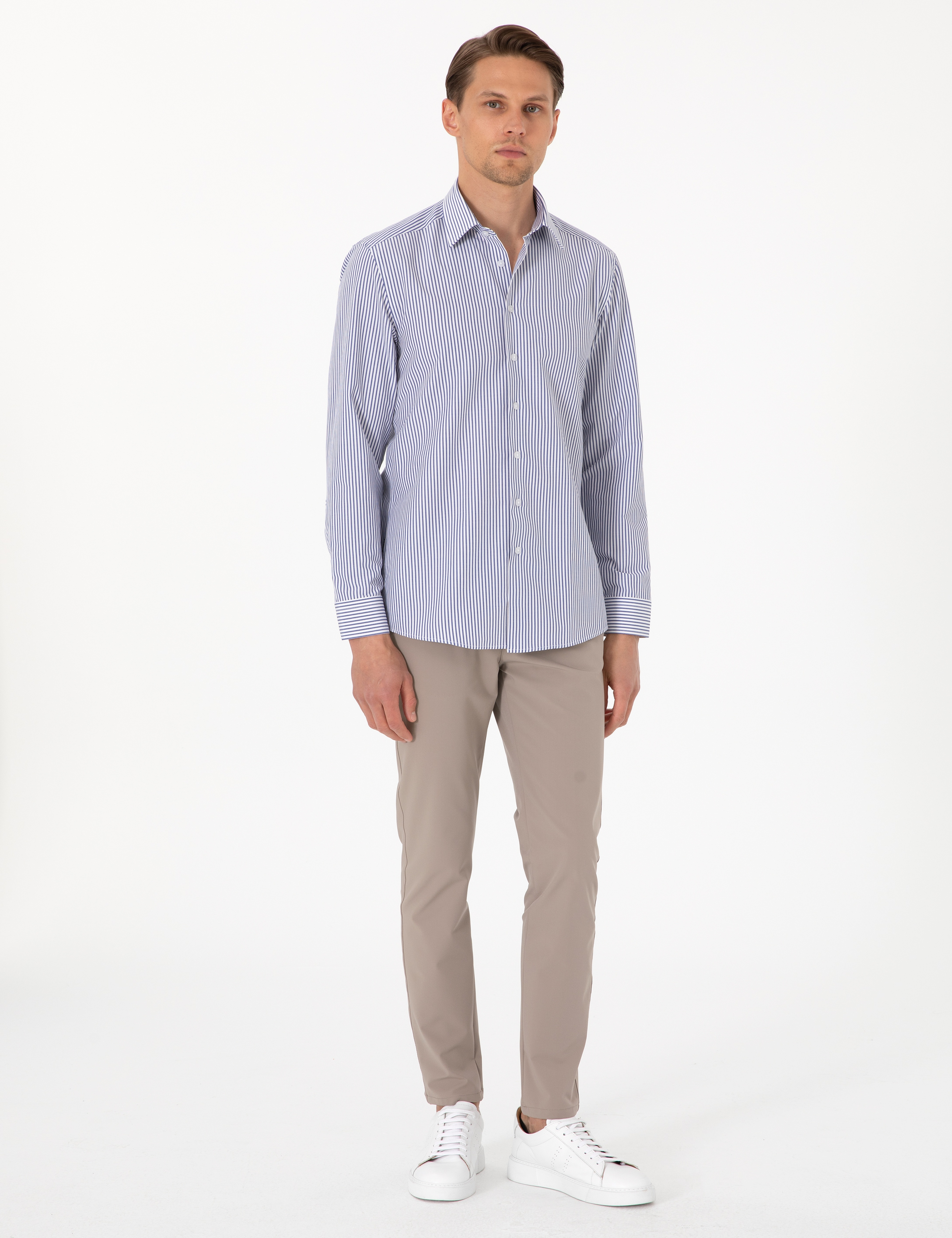 Mavi Slim Fit Çizgili Uzun Kollu Gömlek - Image 4
