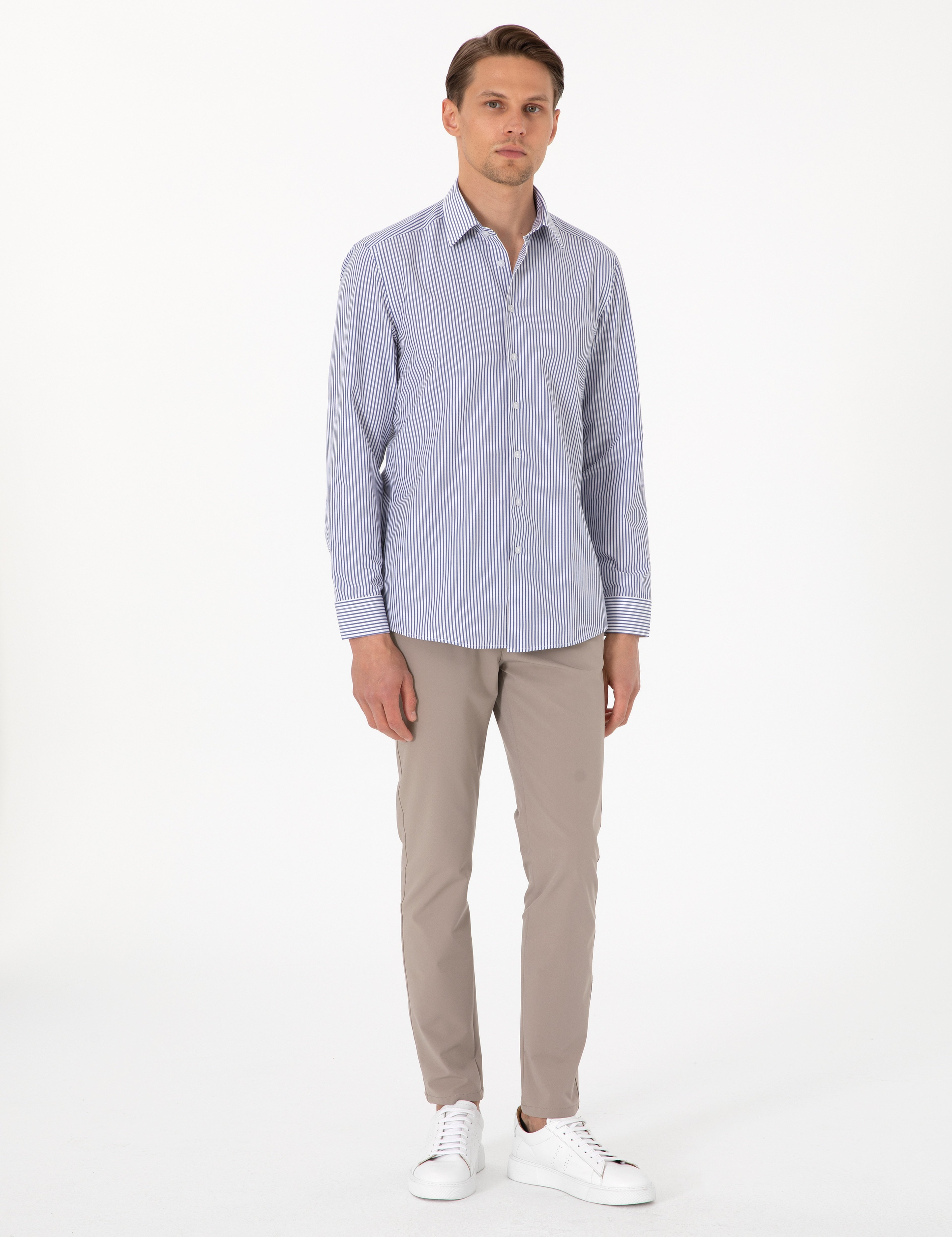 Mavi Slim Fit Çizgili Uzun Kollu Gömlek