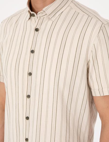 Bej Keten Karışımlı Çizgili Regular Fit Kısa Kollu Gömlek - 50307092005