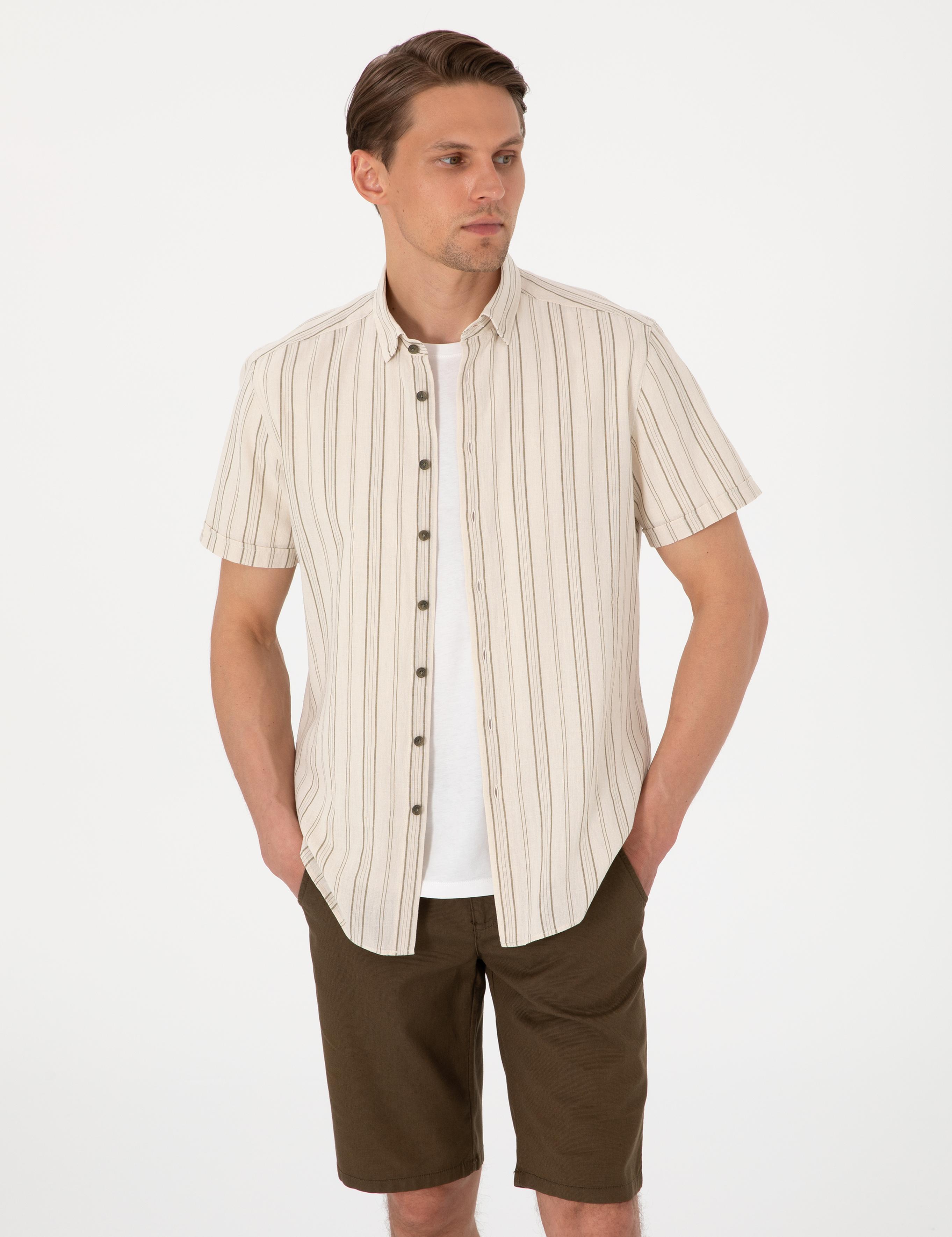 Bej Keten Karışımlı Çizgili Regular Fit Kısa Kollu Gömlek