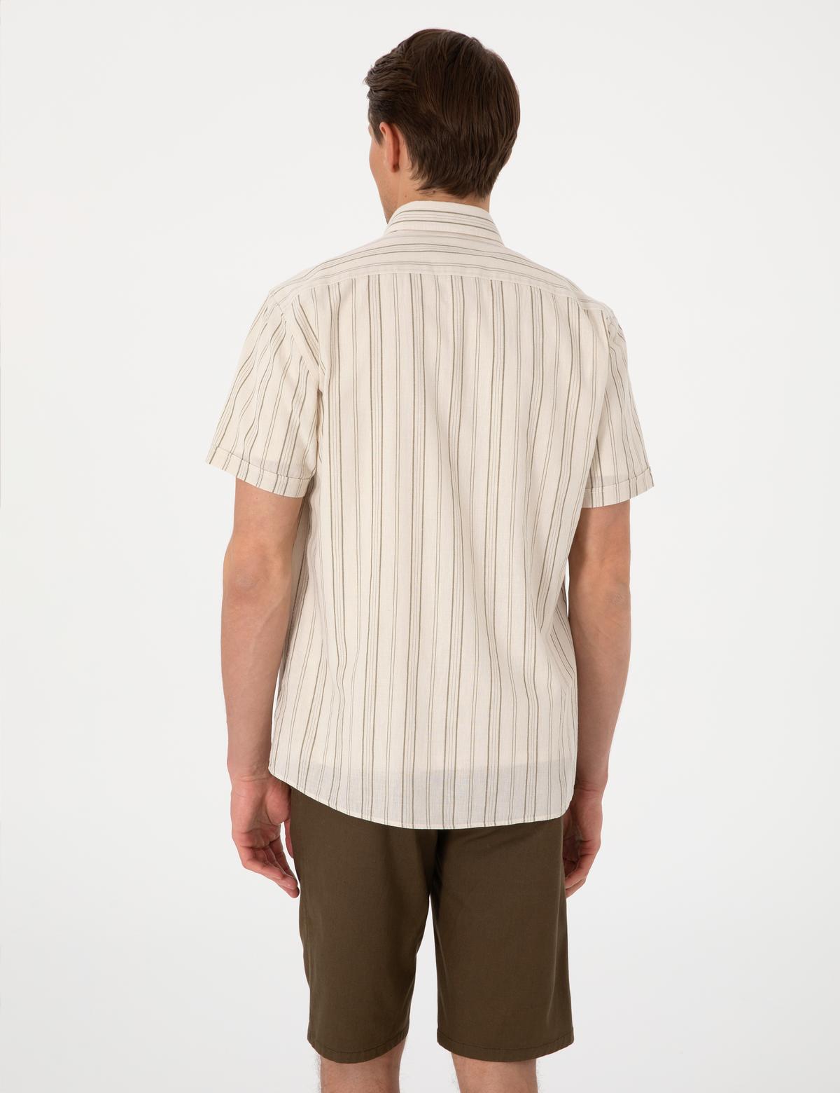 Bej Keten Karışımlı Çizgili Regular Fit Kısa Kollu Gömlek - 50307092005