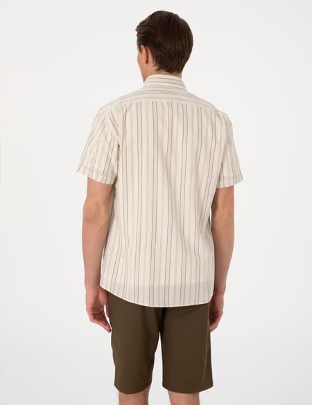 Bej Keten Karışımlı Çizgili Regular Fit Kısa Kollu Gömlek - 50307092005