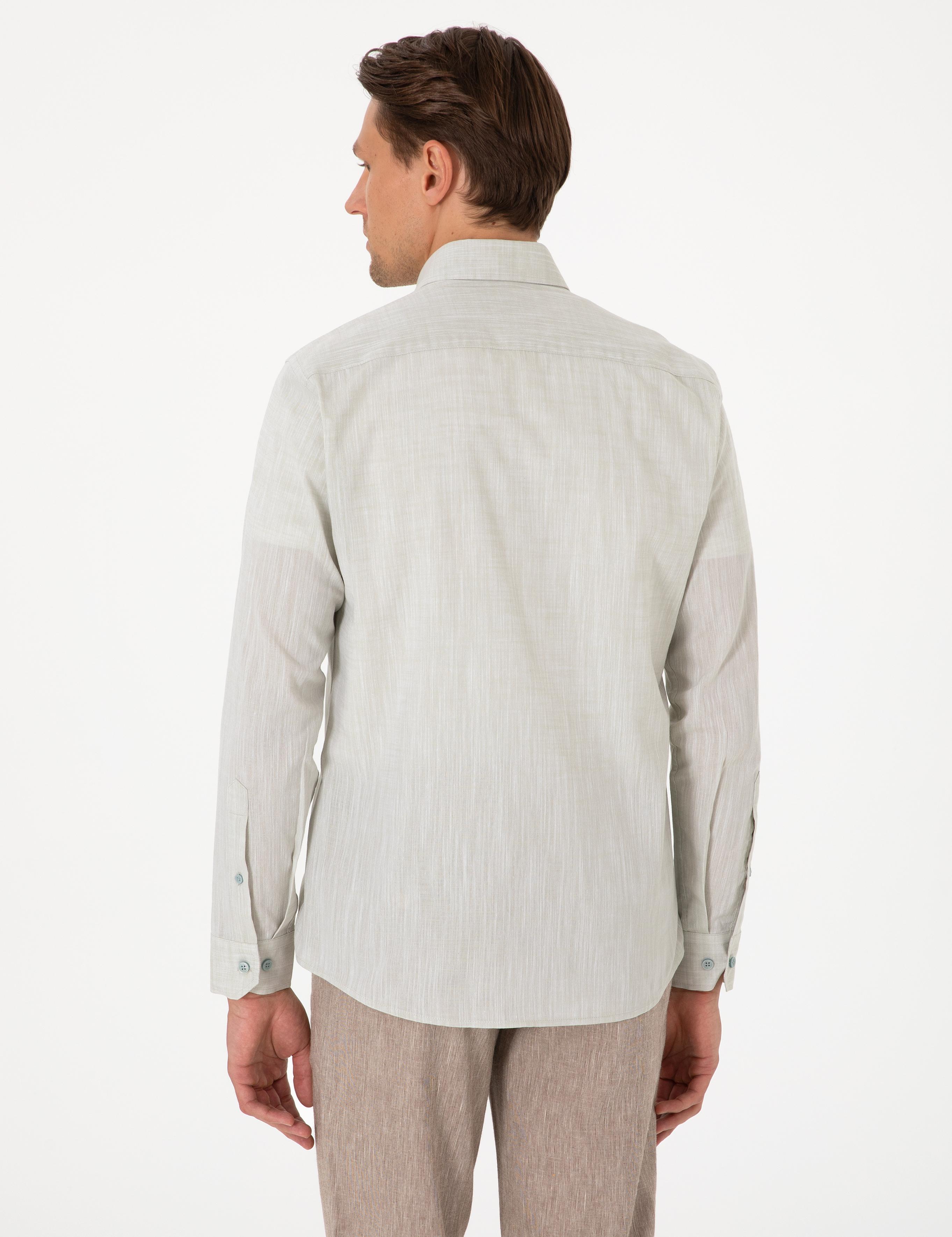 Çağla Keten Görünümlü Slim Fit Uzun Kollu Gömlek