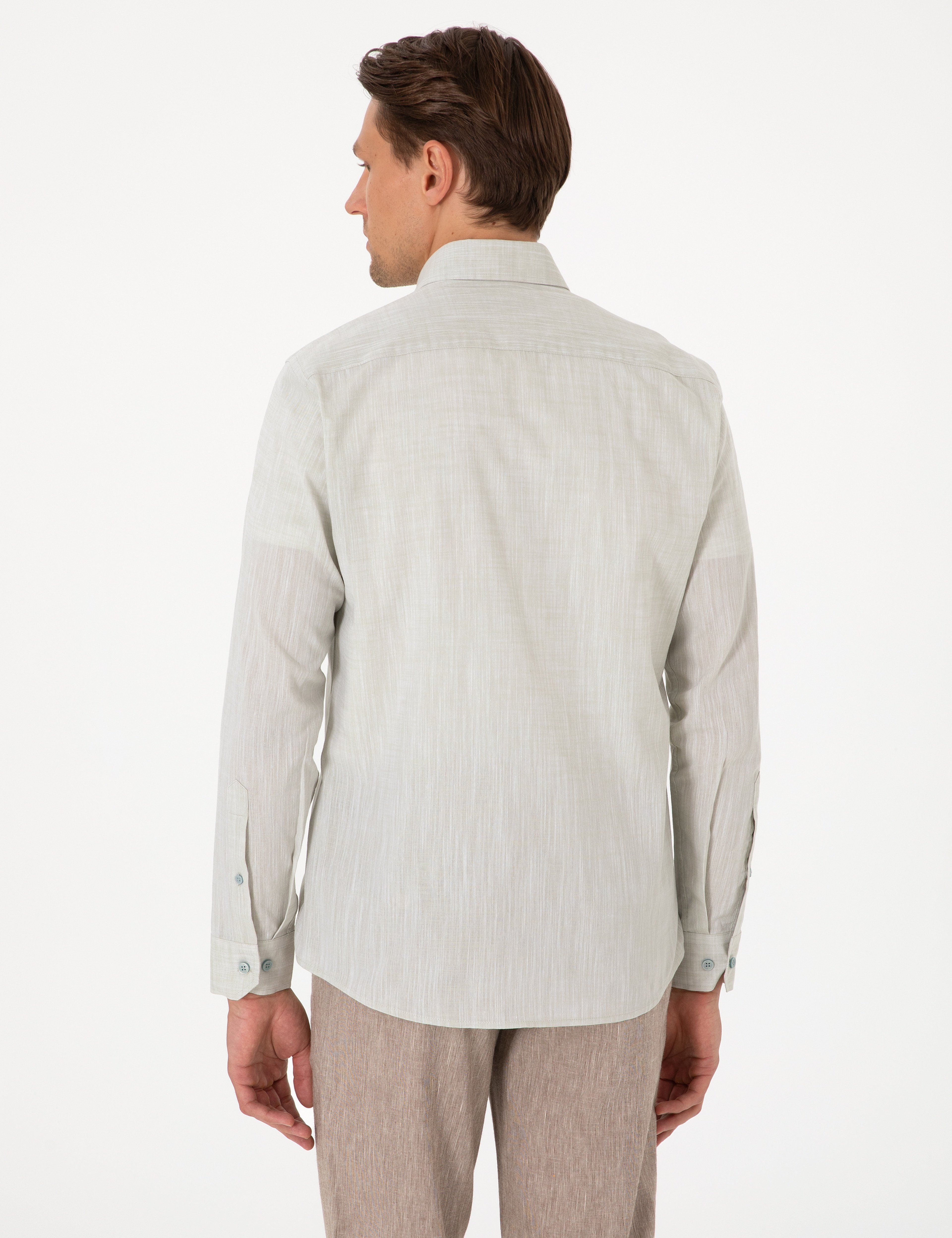 Çağla Keten Görünümlü Slim Fit Uzun Kollu Gömlek