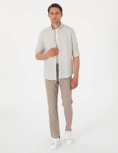 Çağla Keten Görünümlü Slim Fit Uzun Kollu Gömlek
